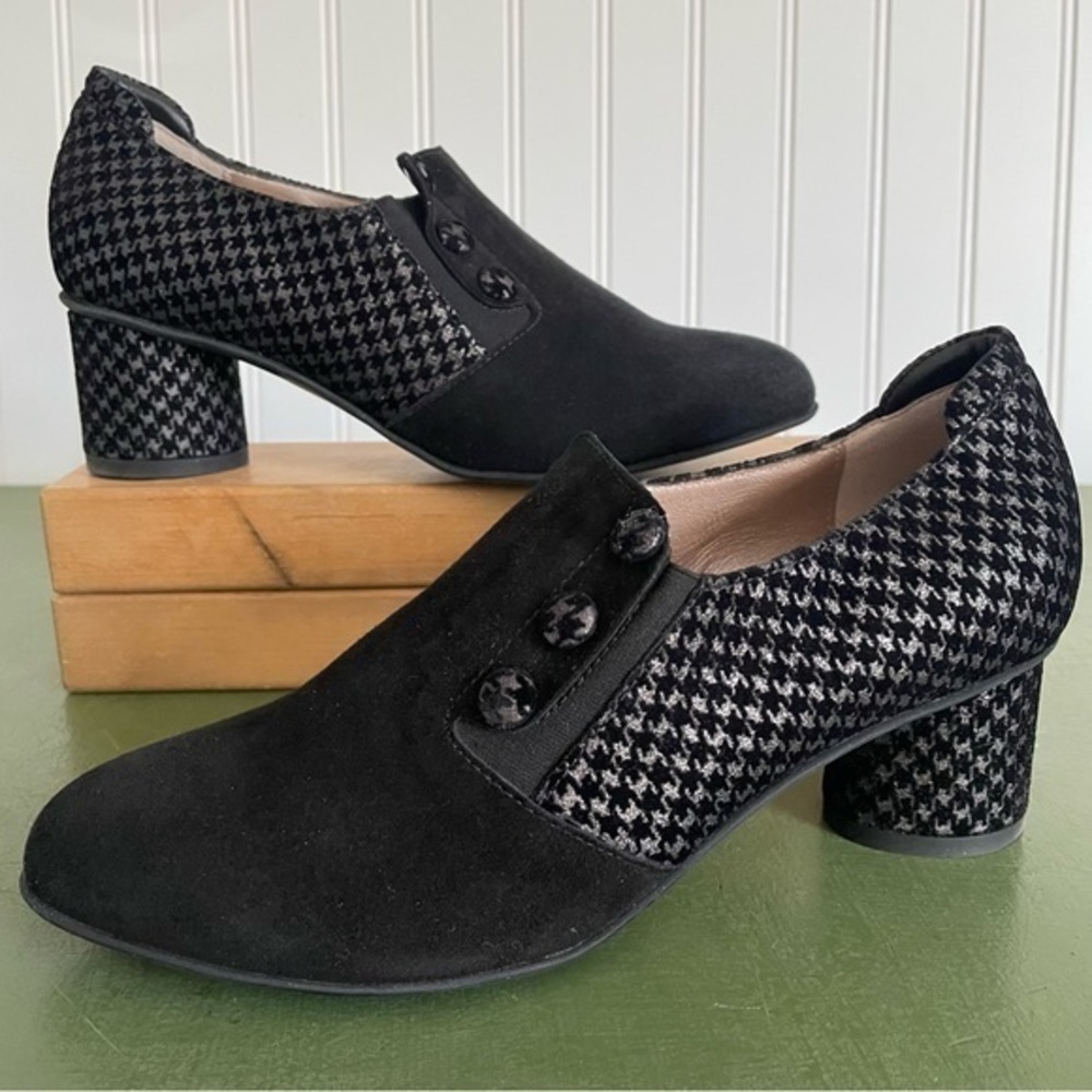 NWT Beautifeel ELIAN Round Heeled Houndstooth Slip Ons in Black & Silver